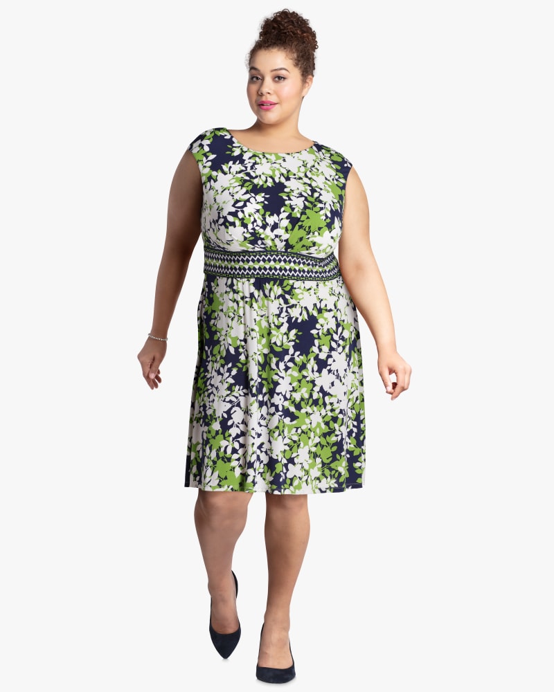 Plus size model with diamond body shape wearing Bailey Printed Dress by Sabrina Blue | Dia&Co | dia_product_style_image_id:119445